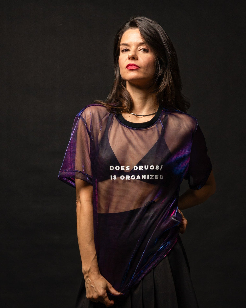 Metallic Purple mesh see through shirt with a slogan Does Drugs Is Organized